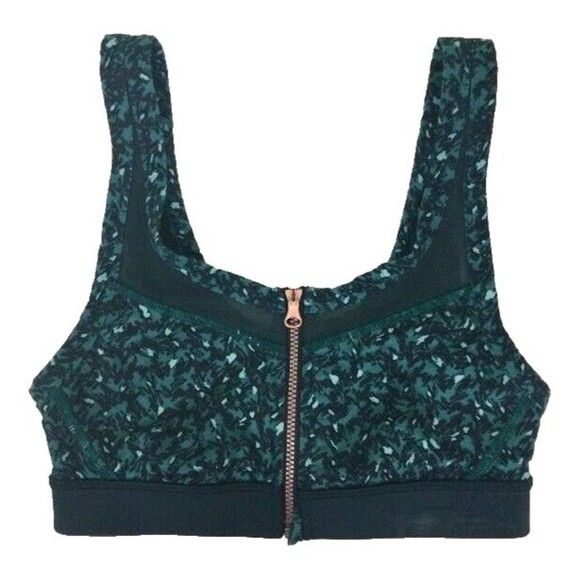 LuLuLemon Drop It Like It's Hot- Sz 2 -Teal Front-Zip Bra-Sheer Accents-Abstract - Picture 1 of 7